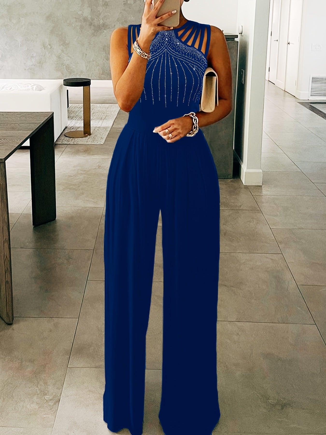 Glitter Rhinestone Criss Cross Jumpsuit Wide Leg Sleeveless Tank Jumpsuit
