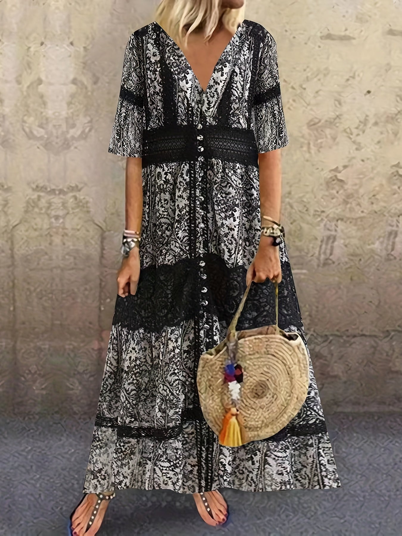 Colorblock Paisley Print V Neck Maxi Dress
