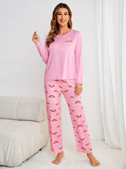 Rainbow Print Pajama Set Long Sleeve Crew Neck Top & Elastic Waistband Pants