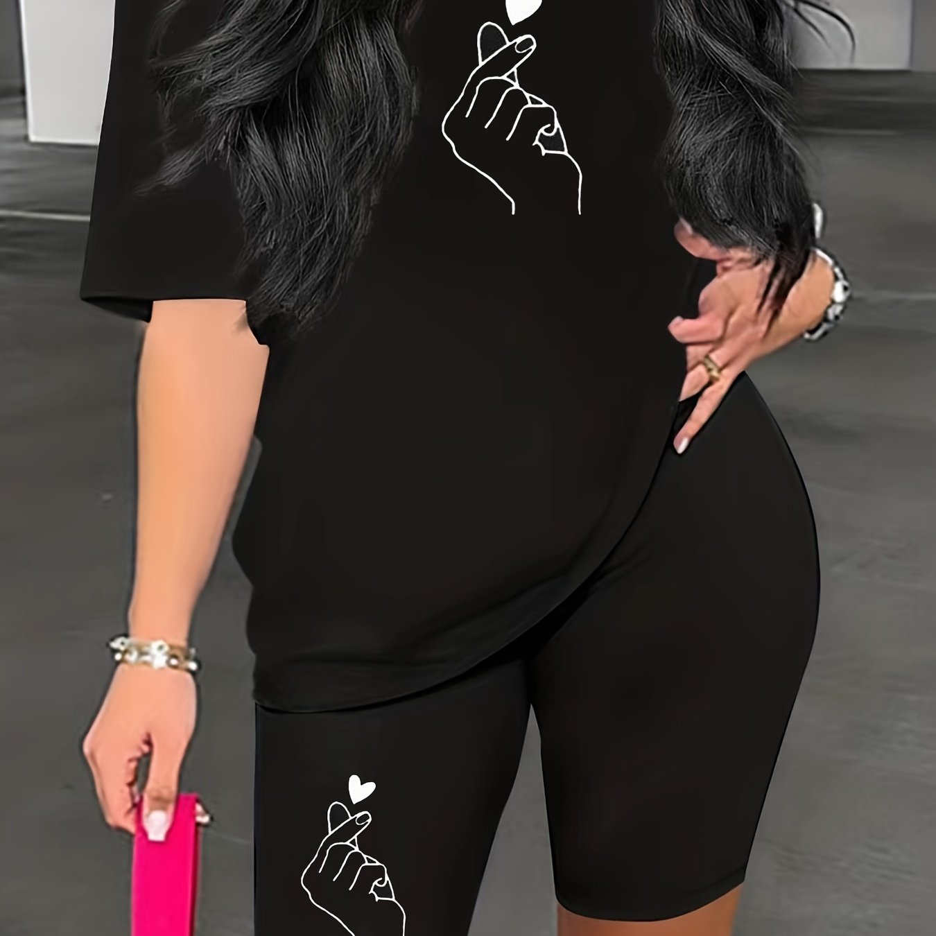 Finger Heart Print Matching Set Short Sleeve T shirt & Biker Shorts