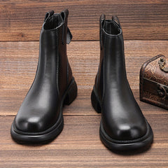 Women's Back Zipper Chunky Heel Leather Boots