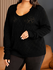 Casual Sweater Women's Solid Pointelle Drawstring V Neck Pullover