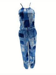 Denim Print Drawstring Waist Jumpsuit Sleeveless Casual Jumpsuit