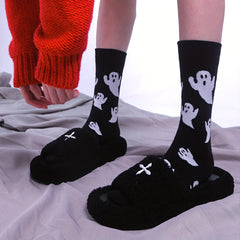 4 Pairs Cute Ghost Print Crew Socks for Women Halloween Stockings