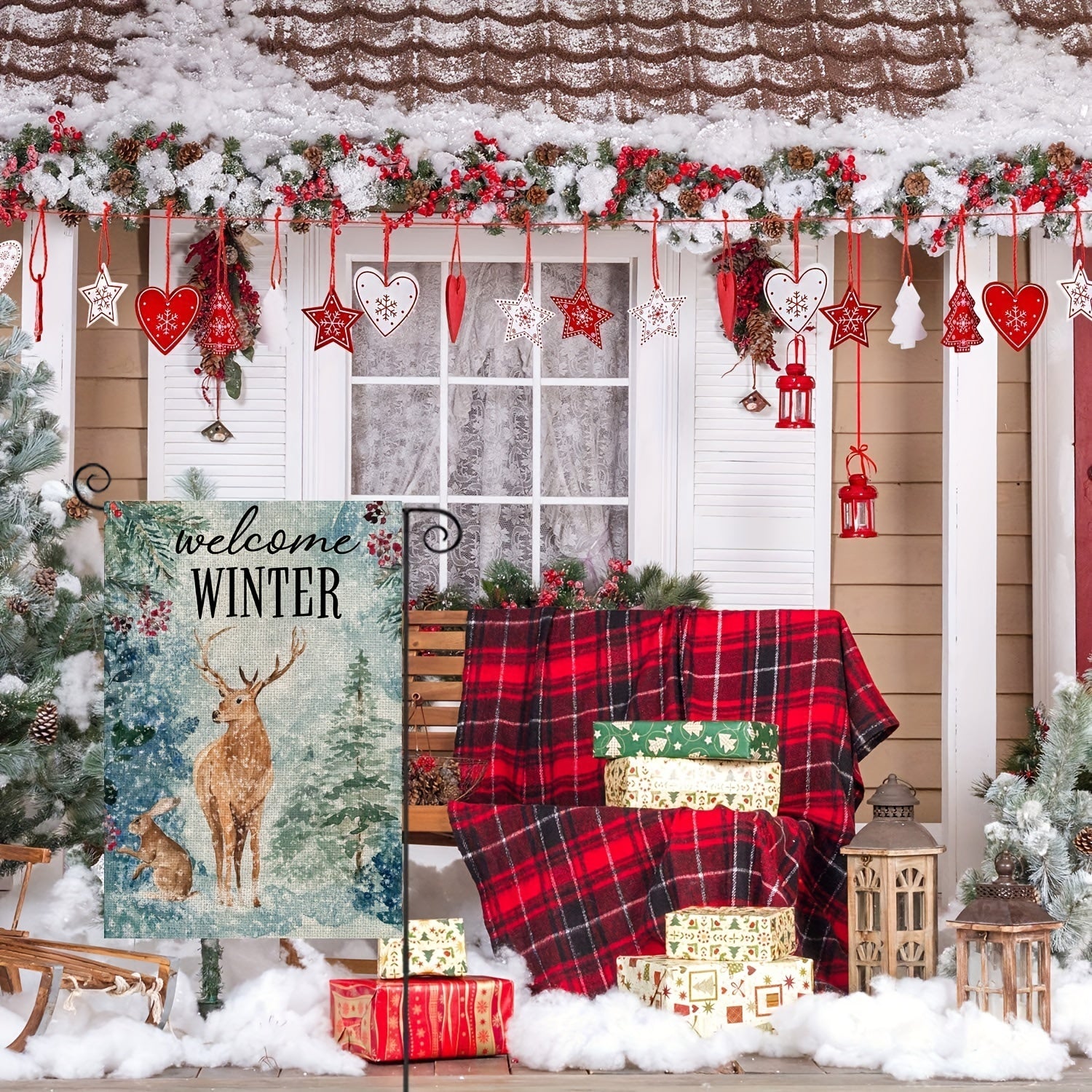 Winter Garden Flag Christmas Reindeer And Rabbit Small Yard Flag