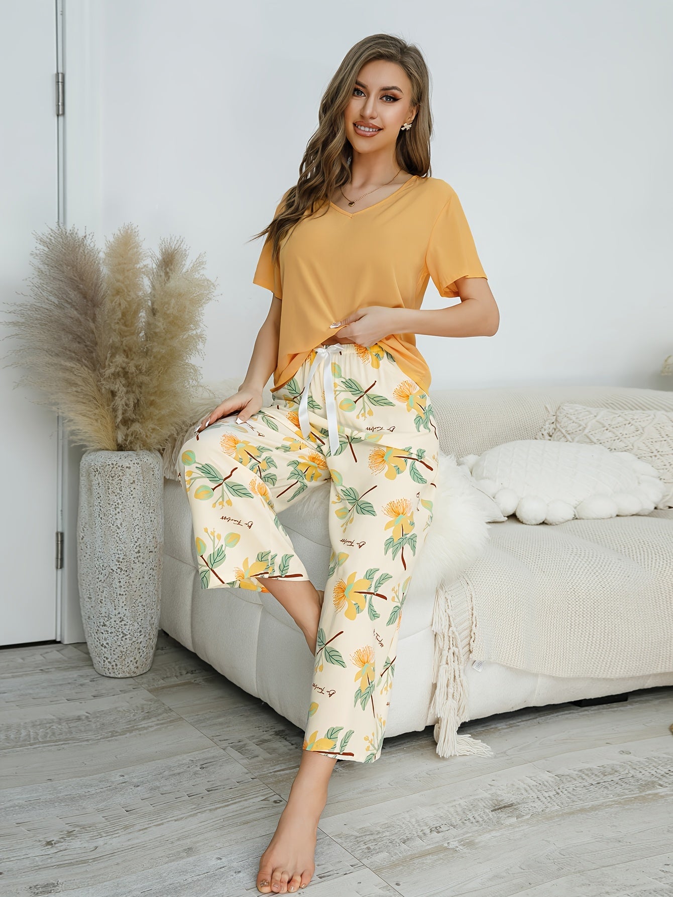 Floral Pajama Set Short Sleeve V Neck & Bow Pants