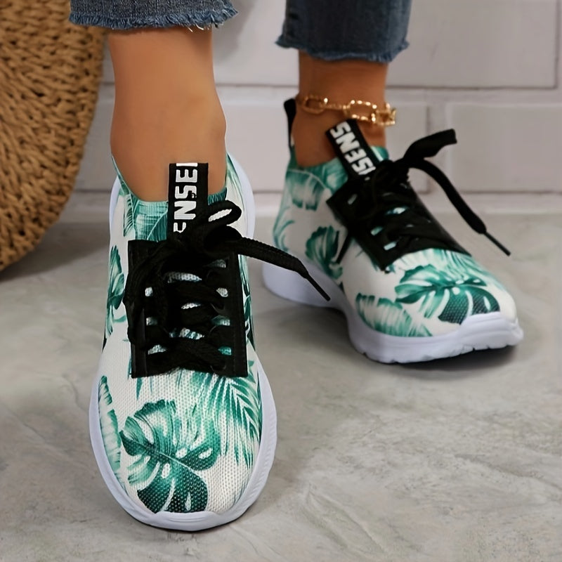 Women's Green Leaves Pattern Running Shoes Soft Mesh Breathable Lace Up Sneakers