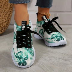 Women's Green Leaves Pattern Running Shoes Soft Mesh Breathable Lace Up Sneakers