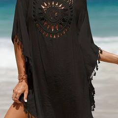 Boho Crochet Cover Up Tassel Decor Loose Fit Shirt Women's Swimwear