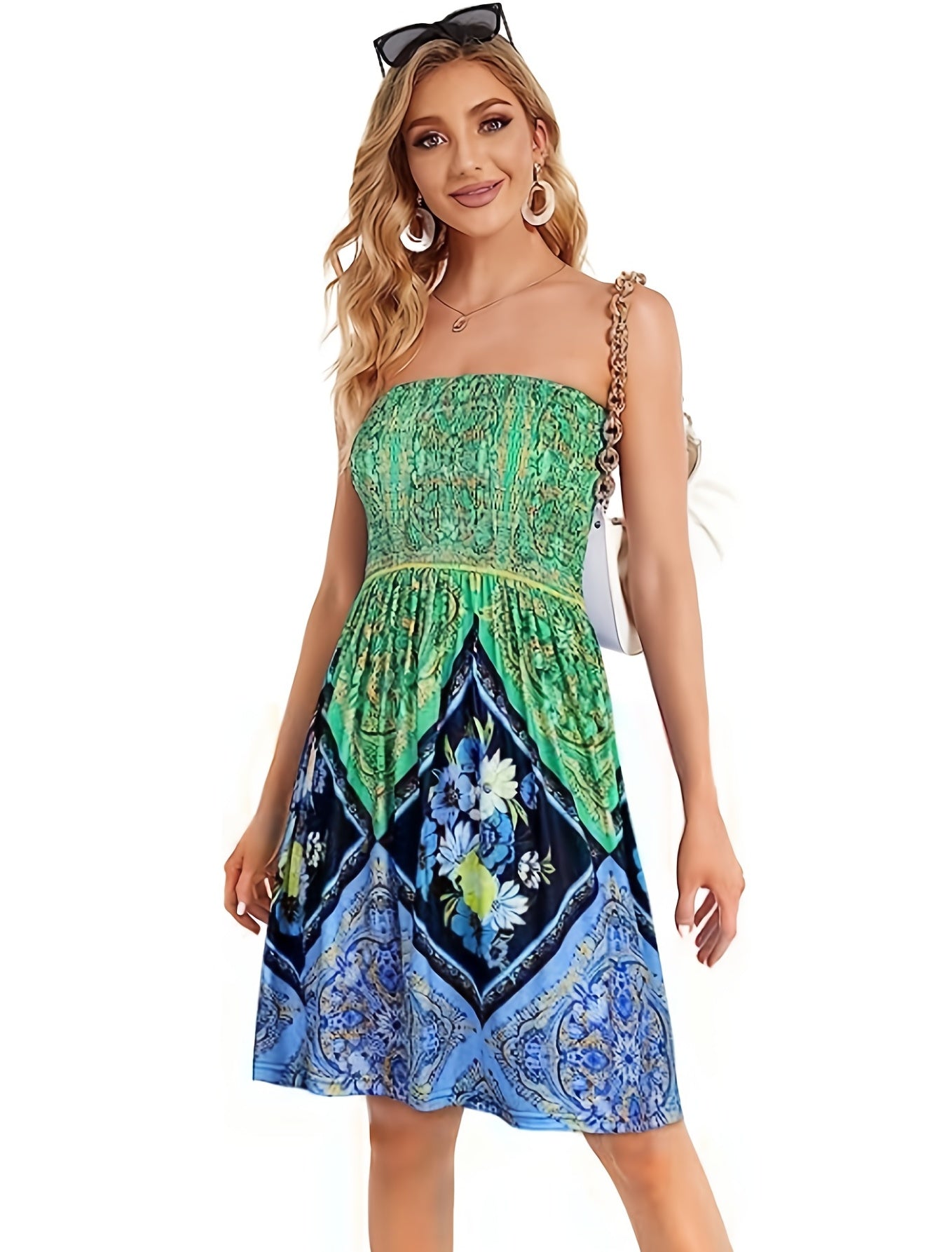 Tie Dye Print Tube Dress Sleeveless Casual Pleated Dress for Summer
