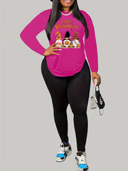 Women's Plus Letter & Pumpkin & Dwarf Print 2 Piece Set