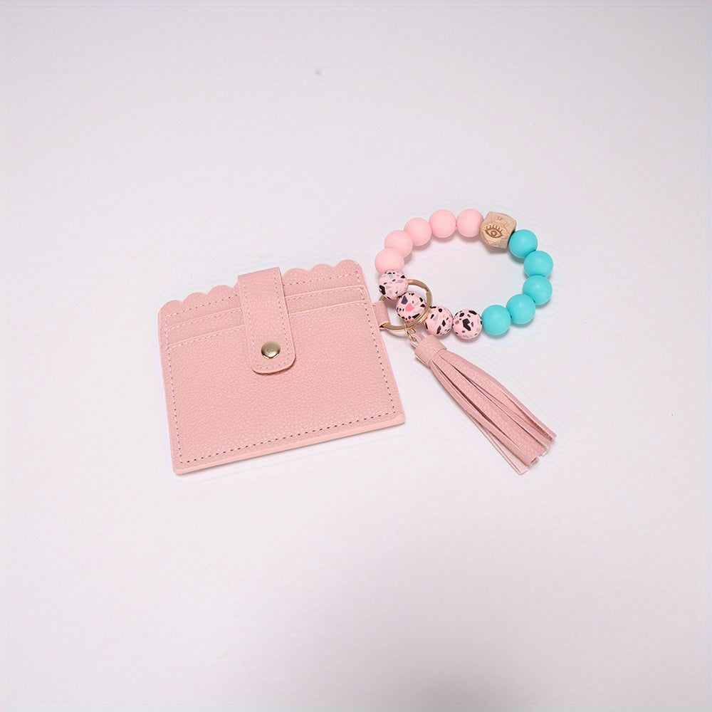 Chic Card Case with Bead Strap & Tassel Women's Coin Purse