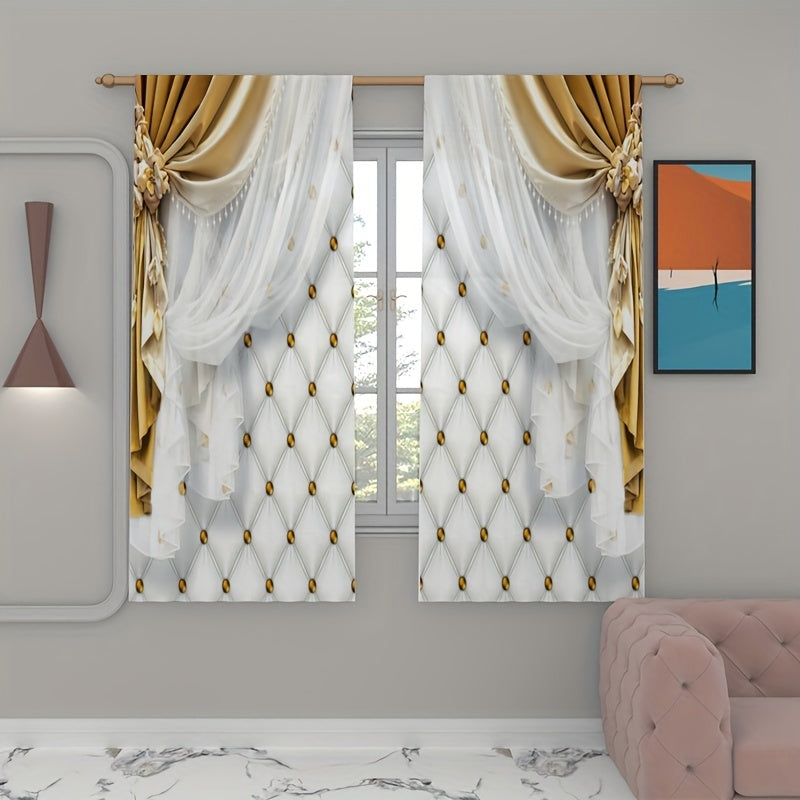 2 Panels Golden Curtain Digital Printed Thickened Curtain