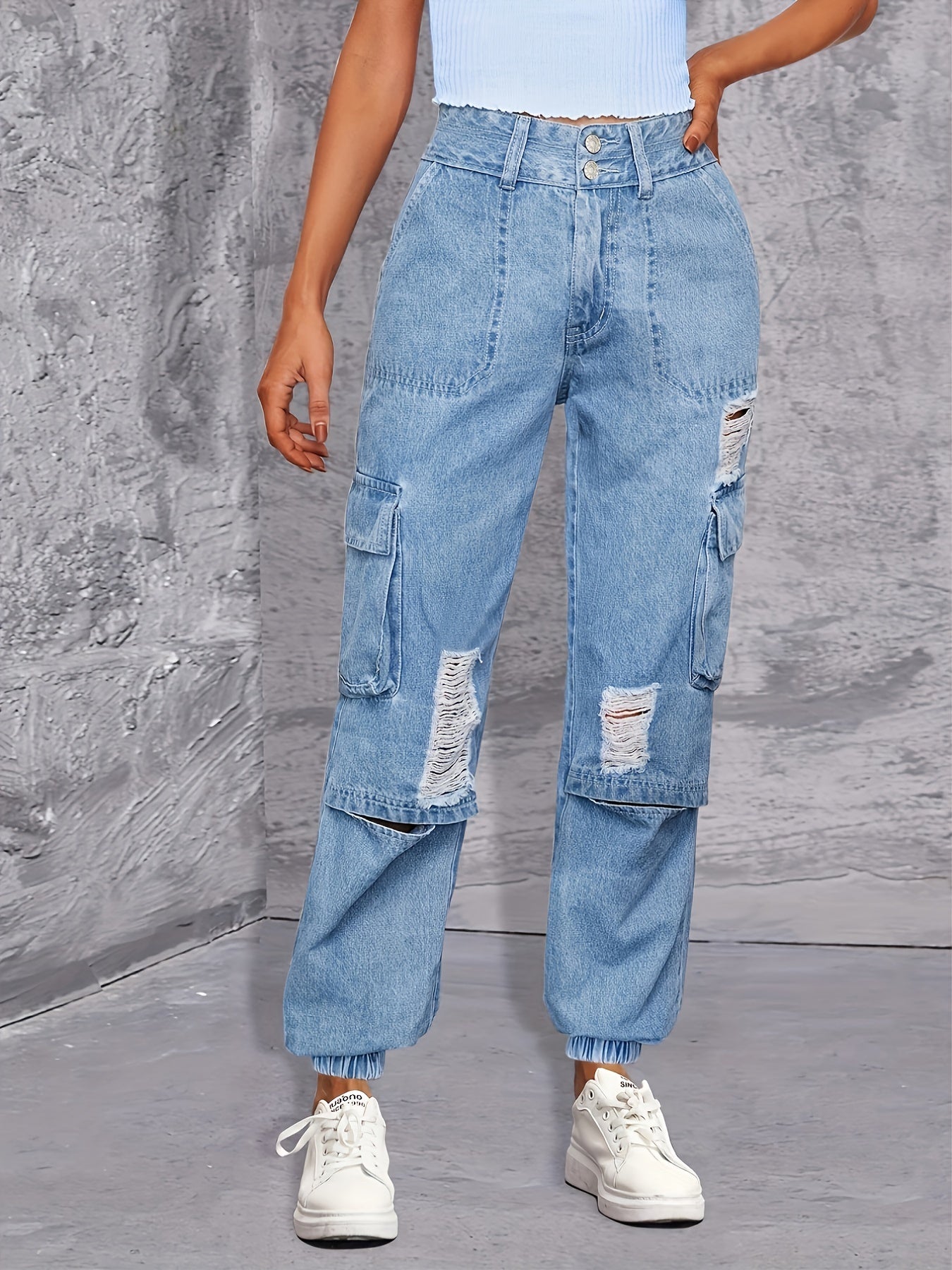 Cargo Pockets Ripped Denim Pants, Y2K & Kpop Style