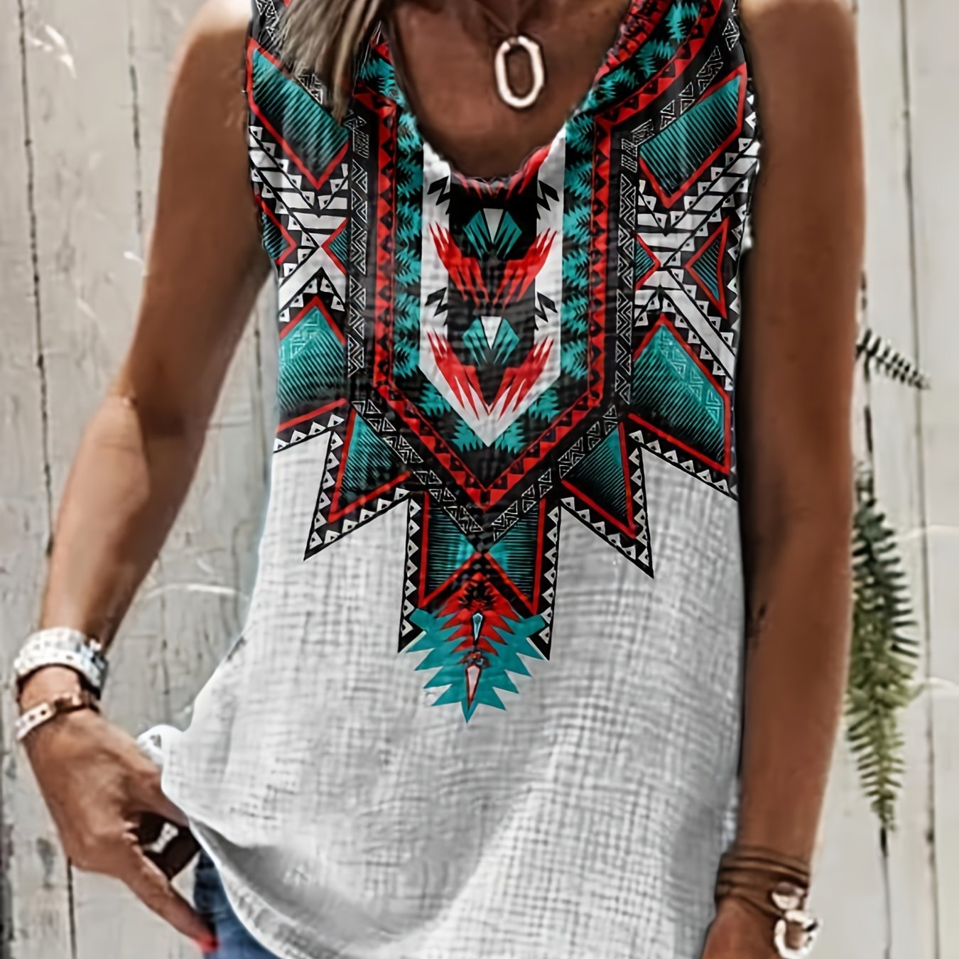 Western Geo Print Tank Top Sleeveless Crew Neck Casual Tops