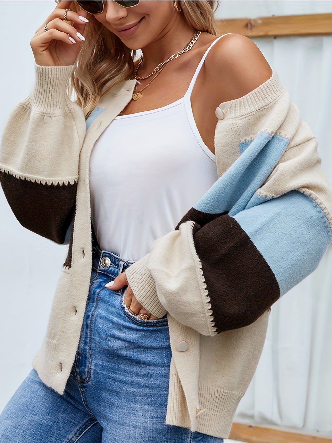 Women's Plus Colorblock Lantern Sleeve Button Up Cardigan