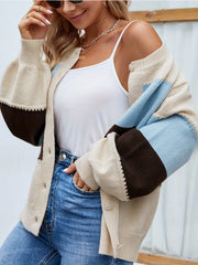 Women's Plus Colorblock Lantern Sleeve Button Up Cardigan