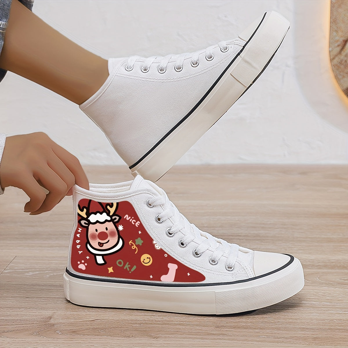 Christmas Reindeer Print Plush Lined Thermal Chunky Canvas Sneakers