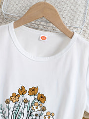 2pcs Toddler Girls Flowers Graphic T Shirts & Paperbag Waist Belted Shorts Set