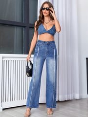Frayed Patch Pocket Straight Leg Jeans Medium Wash High Rise Casual Denim Pants