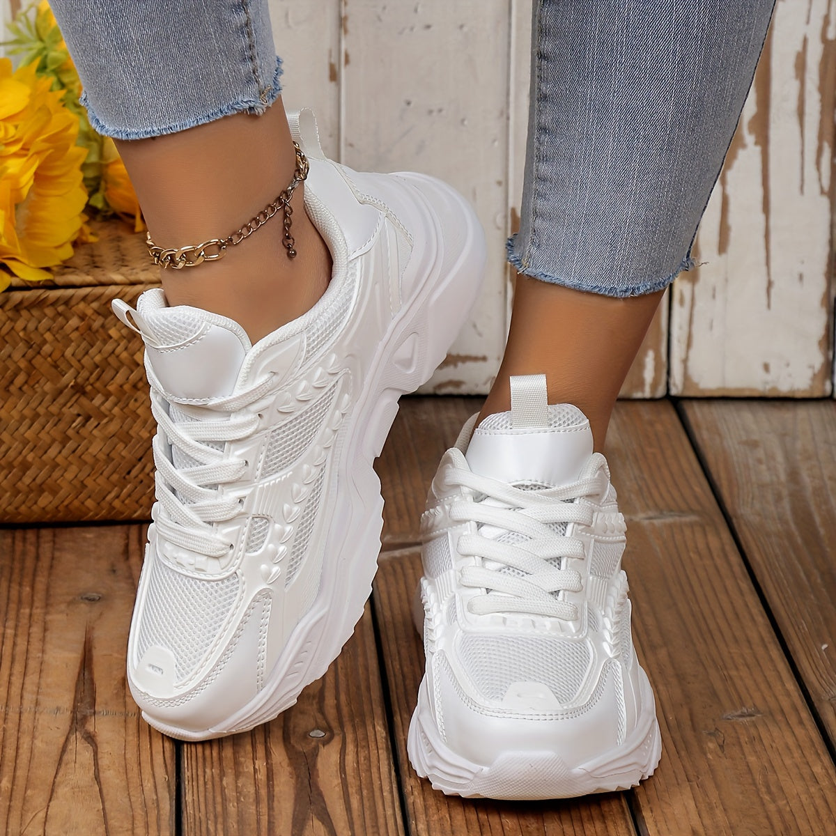 Solid Chunky Sneakers Heighten Lightweight Woven Shoes