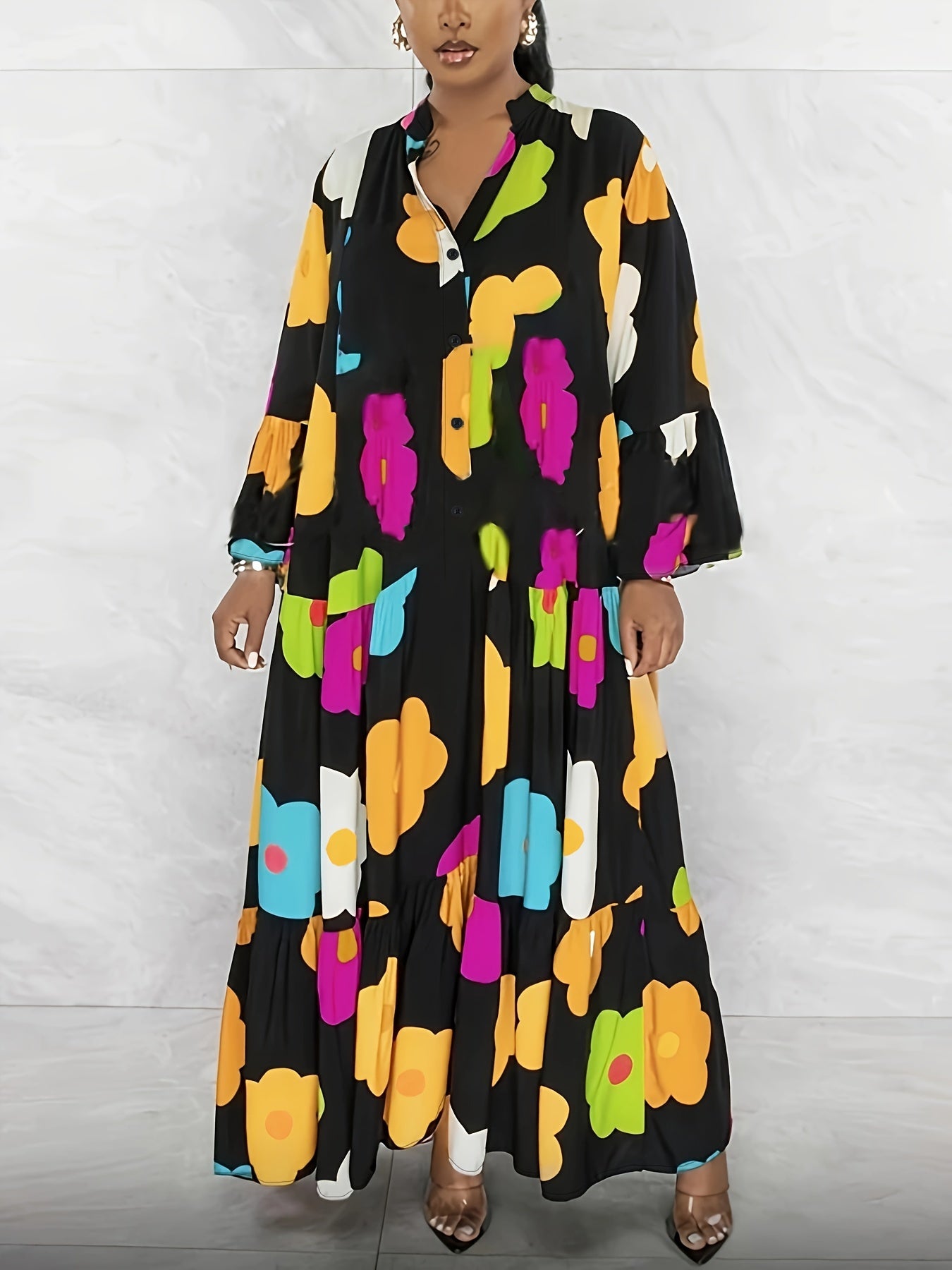 Floral Button Up Bell Sleeve V Neck Maxi Dress
