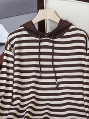 Striped Hoodie Drawstring Long Sleeve Midi Dress Women's Plus
