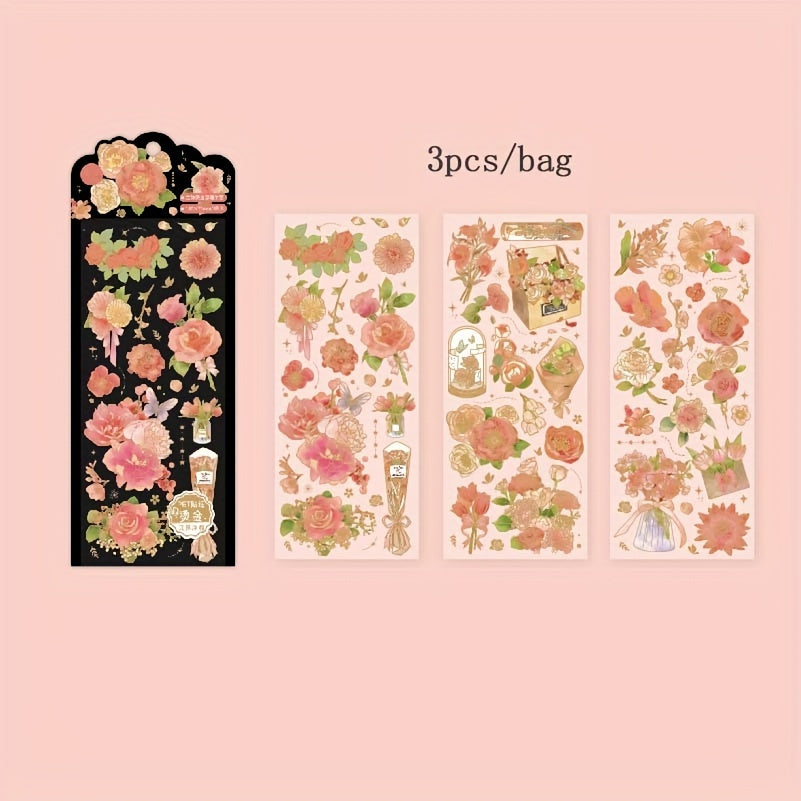 3sheets Hot Stamping Stickers Plants Flowers Scrapbook Diary Album