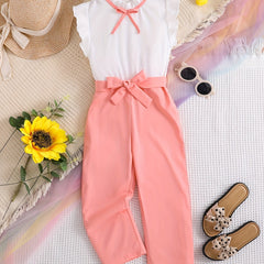 Girls Stand Collar Sleeveless Long Jumpsuit With Belt For Casual Outing