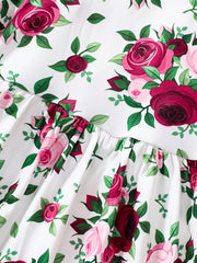 Baby Girls Flowers Print Short Sleeve Round Neck Princess Dress Summer Clothes