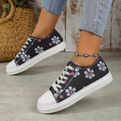 Floral Print Canvas Lace Up Low Top Sneakers Women's Casual Flat Shoes