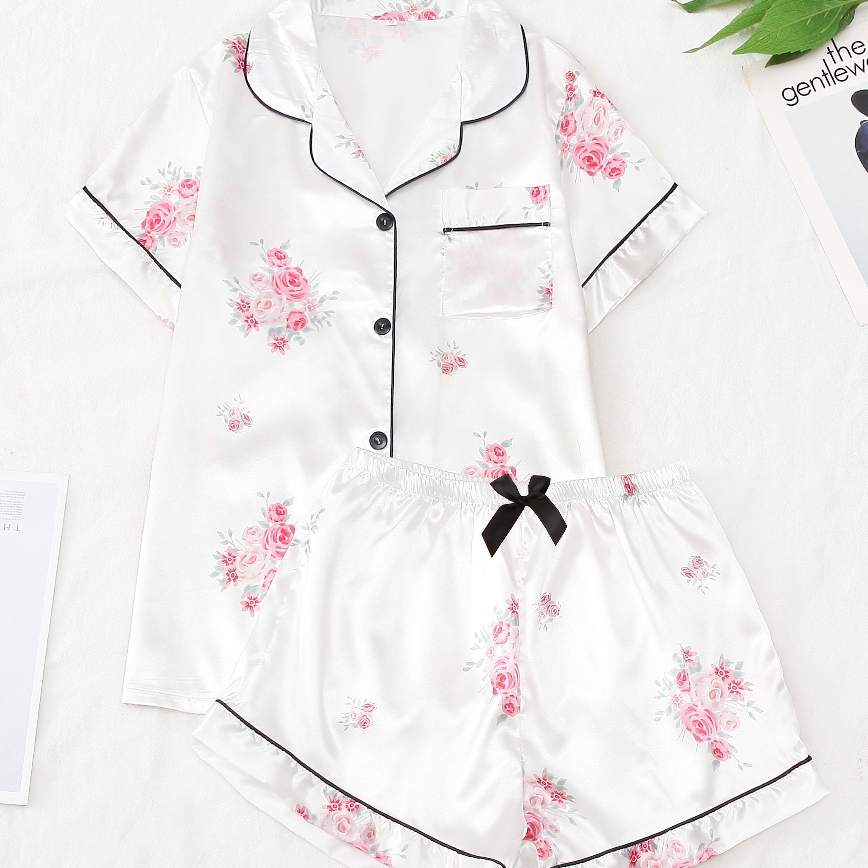Floral Print Pajama Set Short Sleeve Top & Bow Shorts
