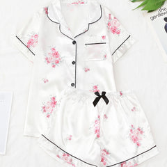Floral Print Pajama Set Short Sleeve Top & Bow Shorts