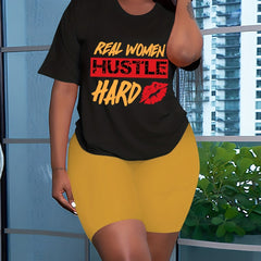 Women's Plus Letter & Kiss Print Top & Shorts Set