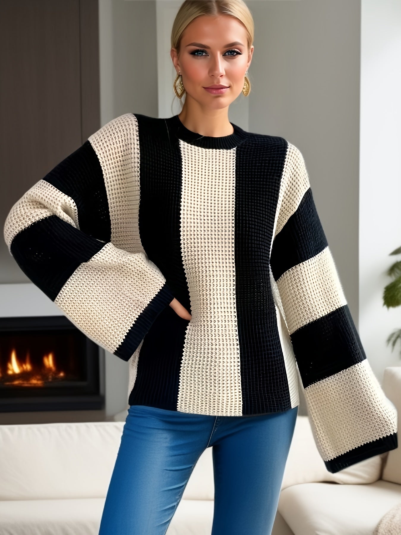 Casual Sweater Women's Plus Stripe Print Waffle Long Sleeve