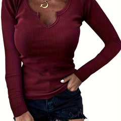 Solid Notched Neck Pullover Sweater Long Sleeve Slim Sweater Women's Clothing