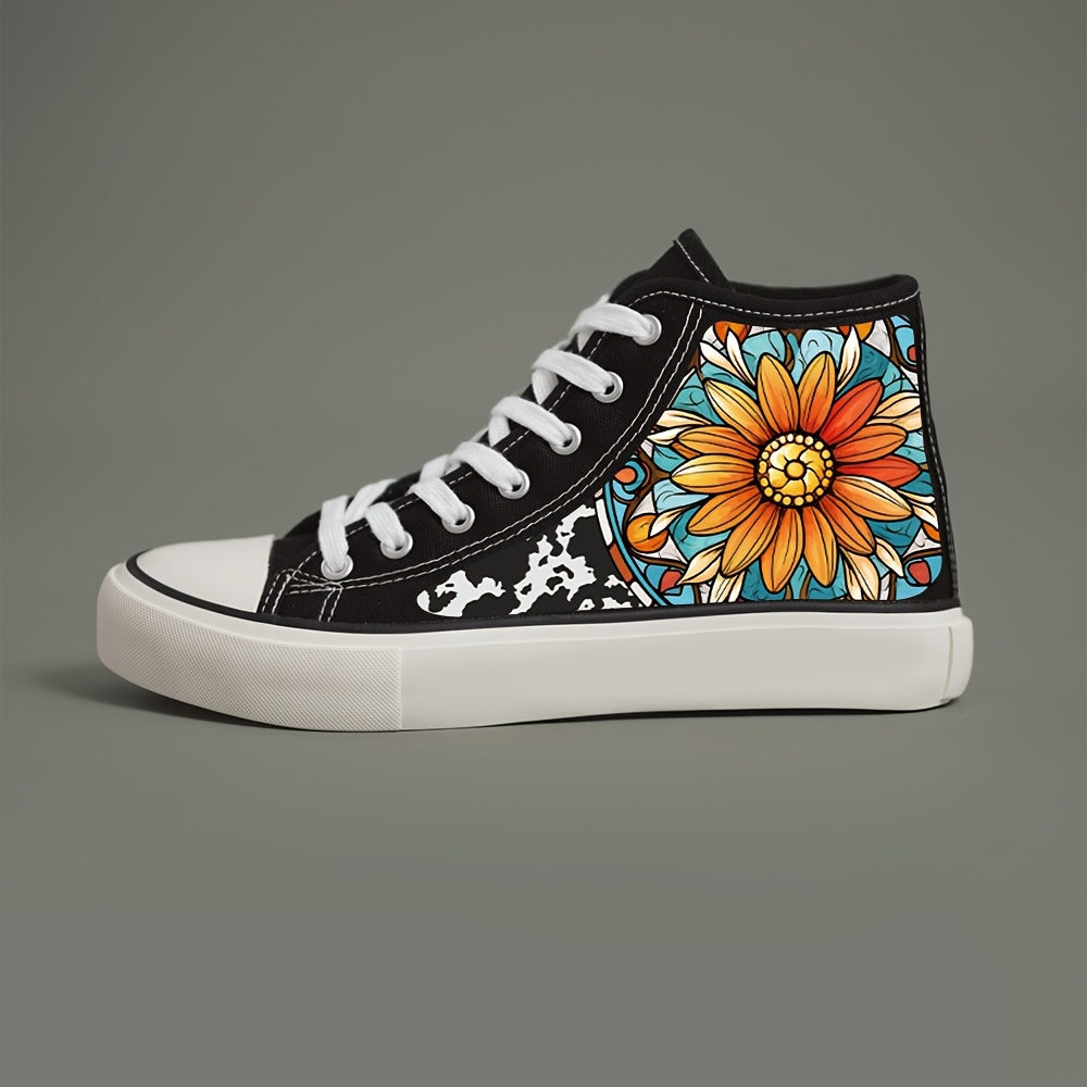 Floral Print Chunky Canvas Sneakers High Top Classic Skate Shoes