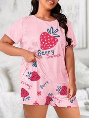 Strawberry & Letter Print Tee & Shorts Pajama Set
