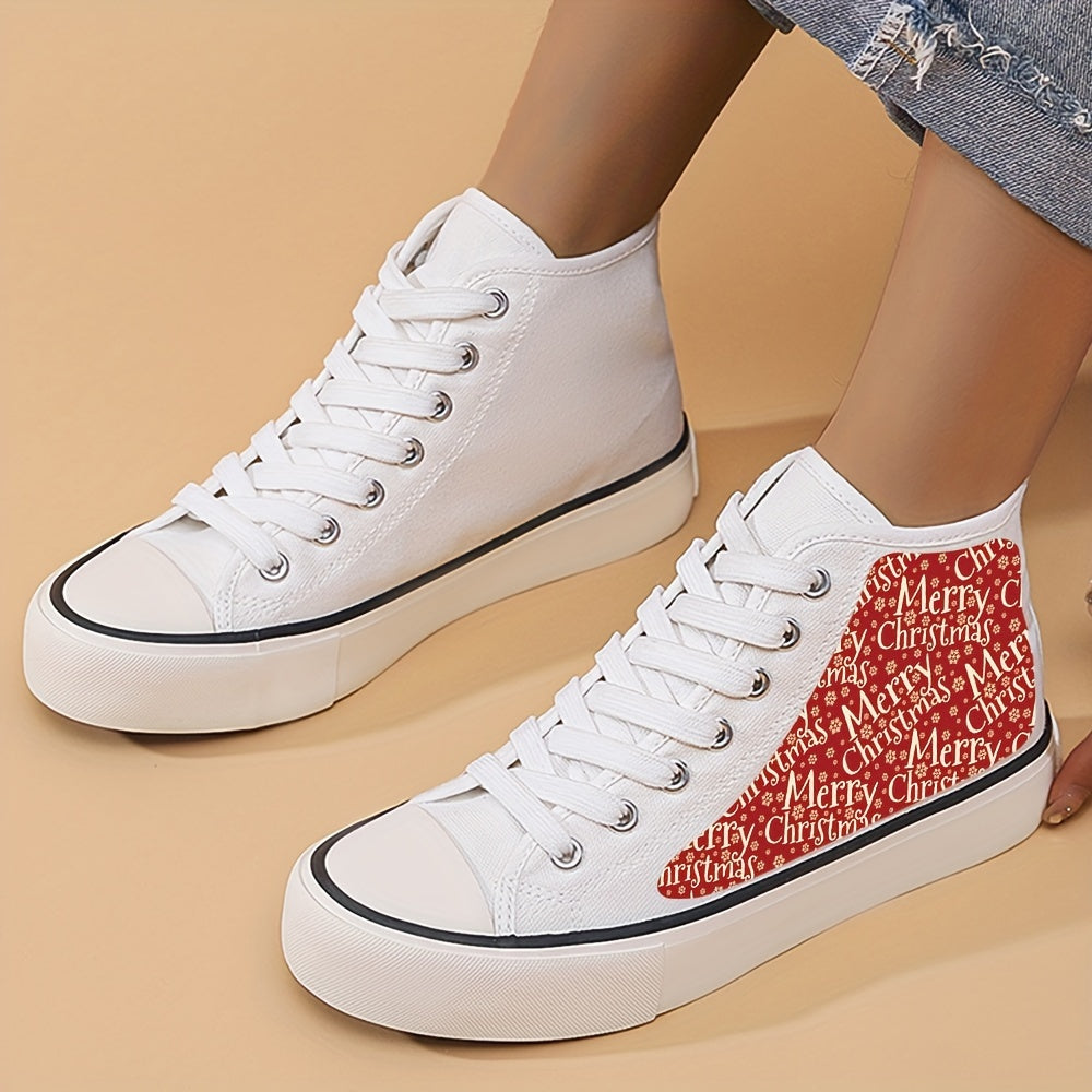 Christmas Print Chunky Canvas Sneakers High Top Classic Skate Shoes