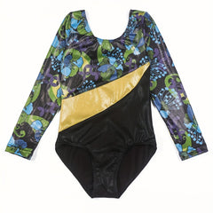 Girls Gymnastics Exercise Onesie Stitching Print Long Sleeve Yogo Fitness Sports