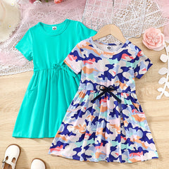2pcs Camo & Solid Dress for Girls Casual Playwear Dress with Pockets