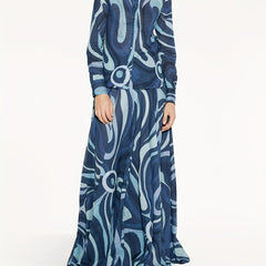 Abstract Print Two Piece Skirt Set Button Front Shirt & Maxi Length Skirt