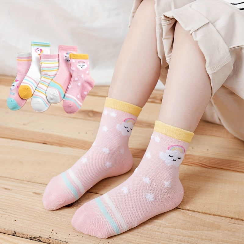 5 Pairs Princess Style Girls Socks, Rainbow Colorful Cloud Horses Mesh