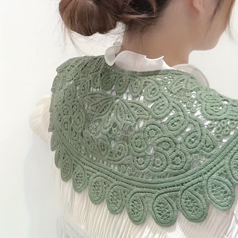 Lace Hollow Out False Collar Ruffles Faux Pearl Button Dickey Collar for Women