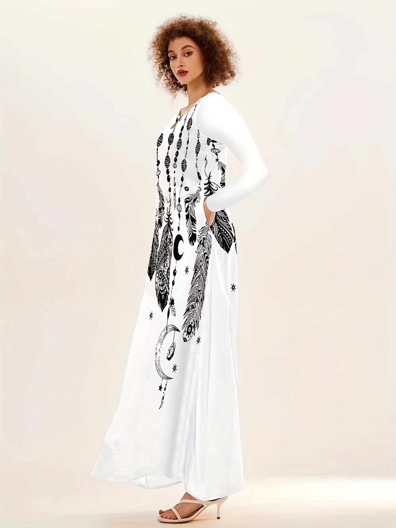 Feather Print V Neck Long Dress for Women