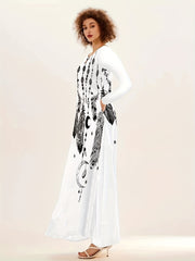 Feather Print V Neck Long Dress for Women