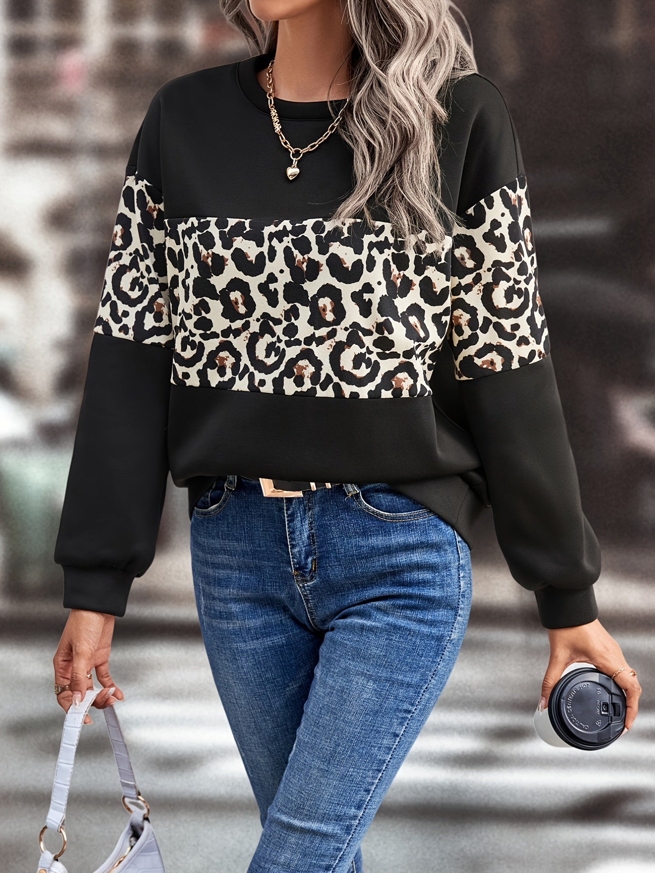 Leopard Print Crew Neck Pullover Sweatshirt Women's Clothing