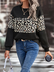 Leopard Print Crew Neck Pullover Sweatshirt Women's Clothing