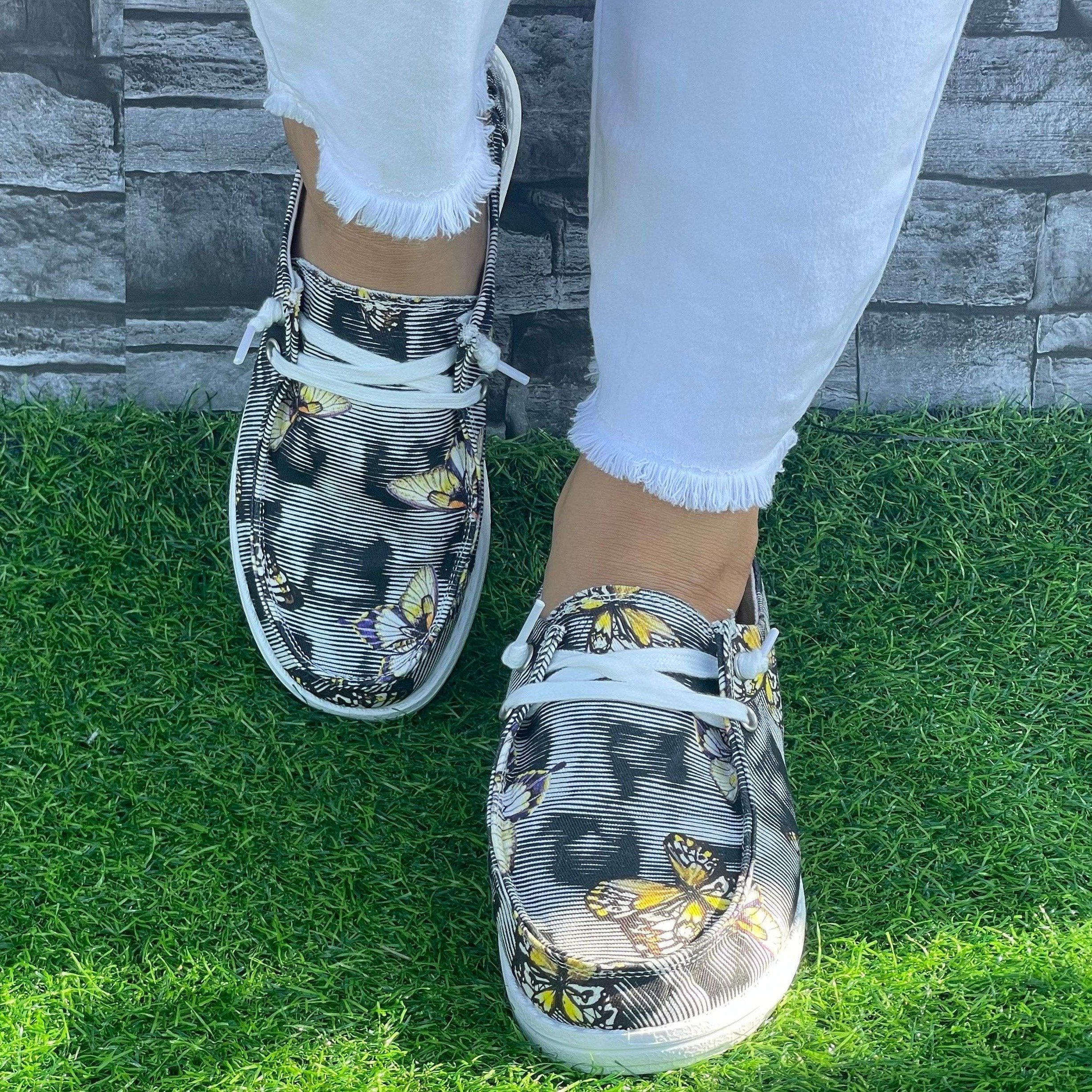 Striped Butterfly Pattern Flat Shoes Women's Shallow Mouth Casual Shoes