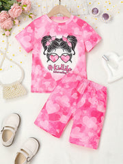 Girls Portrait KIDLIFE Love Short Sleeve T-shirt & Gradient Love Shorts Set